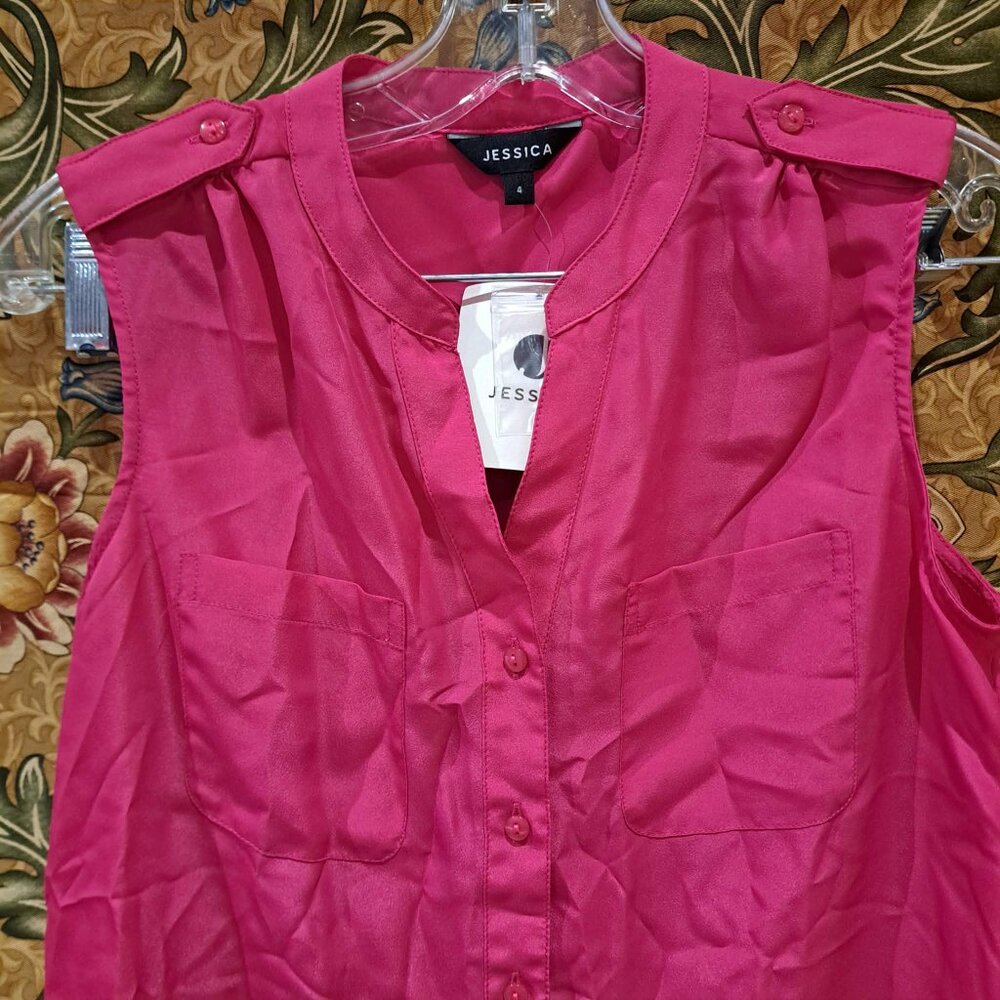 Bright pink sleeveless tank women's button down blouse shirt - Picture 6 of 9